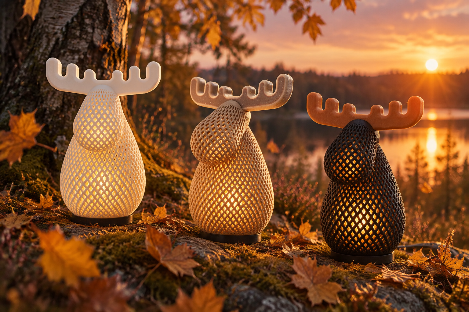 Tre älglampor i höstsol vid sjön i Värmland