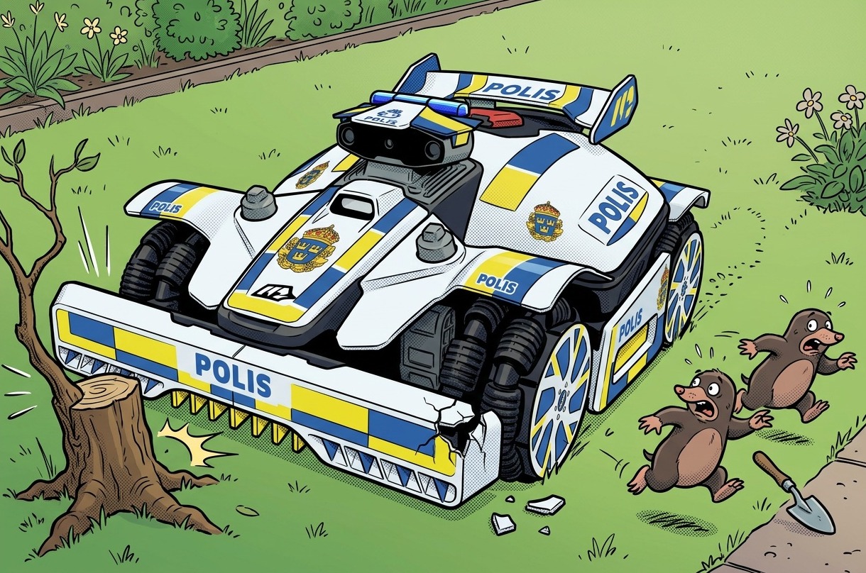 Serietecknade Snutn jagar bort skräckslagna mullvadar och krockar med en stubbe – den printade skyddsdelen spricker men roboten är hel